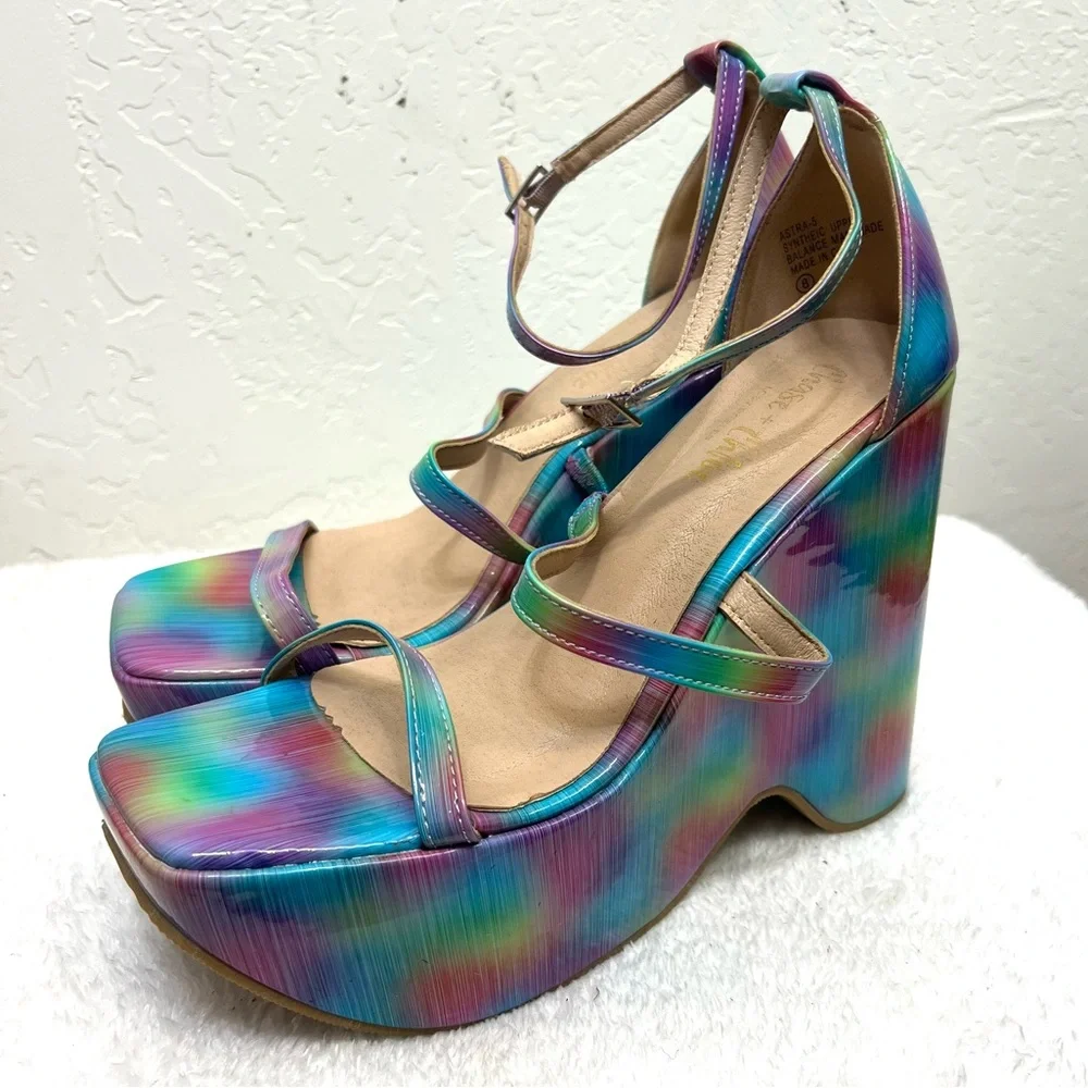 Chase & Chloe Astra Platform Wedge Multicolor Ankle Strap Sandals Size 8